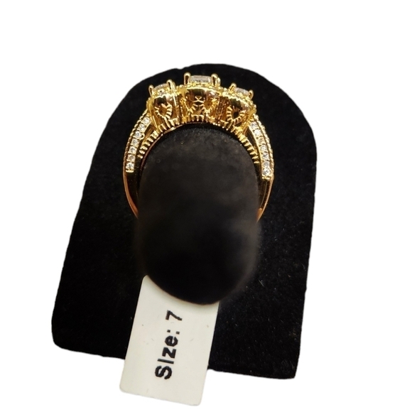 18K Gold Plated 3-Stone Simulated Diamond Halo Ring, 1.65 Ct, NEW - Picture 5 of 6